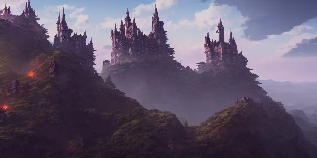 Image similar to A detailed film still of a high castle with ruined archs on the top of a mountain , trending on artstation, by studio Ghibli and Pixar, octane render, at dusk, frontal view, trending on artstation, very detailed