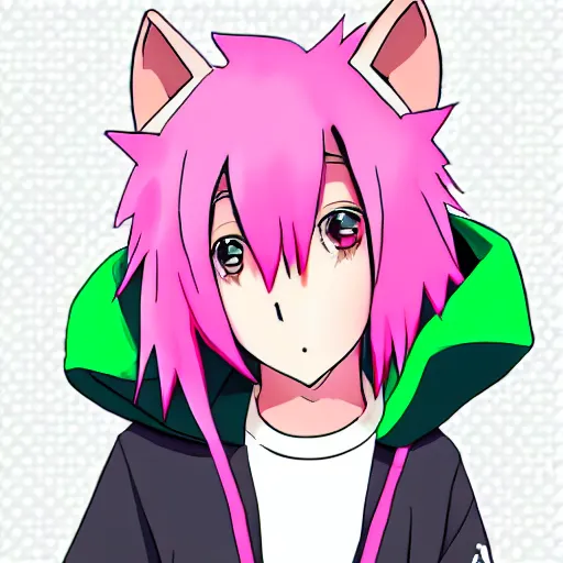 Image similar to cute young anime man with pink hair and pink wolf ears wearing a collar and a green hoodie, artstation