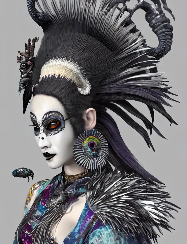 Image similar to 3 d goddess close - up profile portrait punk with mohawk with ram skull. beautiful intricately detailed japanese crow kitsune mask and clasical japanese kimono. betta fish, jellyfish phoenix, bio luminescent, plasma, ice, water, wind, creature, artwork by tooth wu and wlop and beeple and greg rutkowski