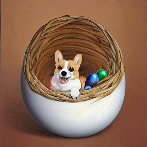 Prompt: concept art of a baby corgi emerging from an egg in a nest, art by anne geddes
