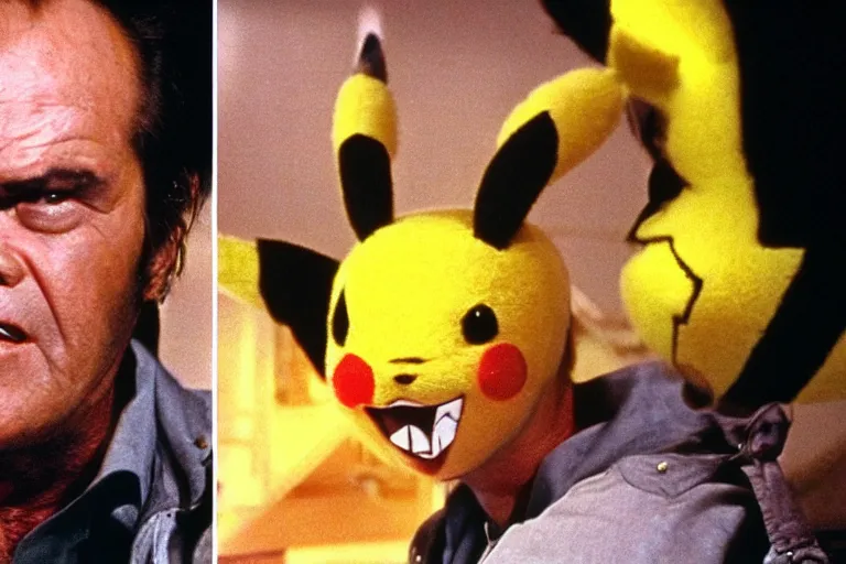 Image similar to Jack Nicholson in costume of Pikachu Terminator scene where his endoskeleton gets exposed and his eye glow red still from the film