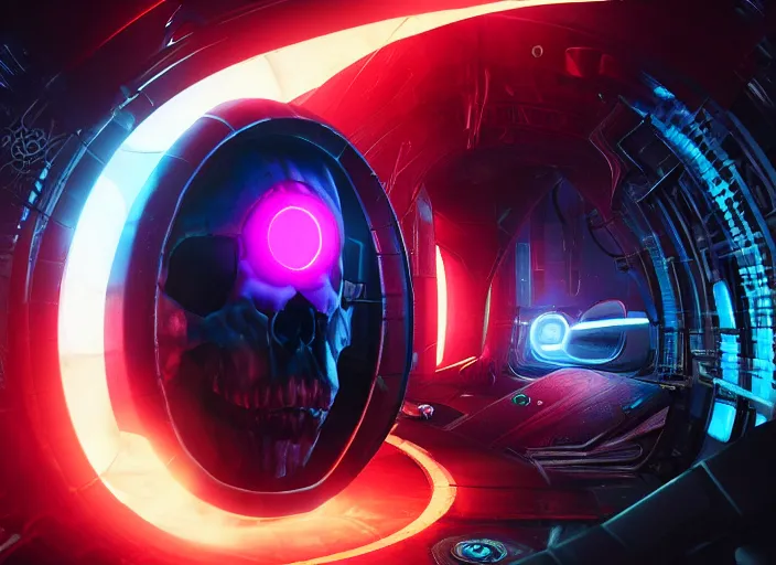 Prompt: a futuristic skull with glowing eyes and a wormhole tunnel, cyberpunk art by james cameron, behance contest winner, computer art, darksynth, synthwave, rendered in cinema 4 d