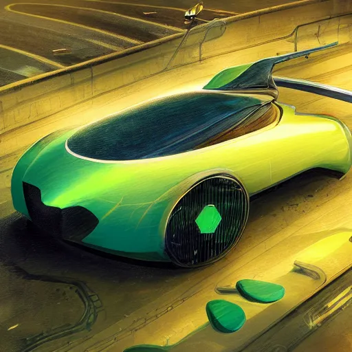 Image similar to solarpunk hovercar, clean energy, green technology, batoidea shape, highway, sunny day, futurism, intricate, engines, glow, highly detailed, peaceful, utopia, bright, digital painting, artstation, concept art, smooth, sharp focus, epic landscape, art by akihiko yoshida and tim mcburnie and anato finnstark