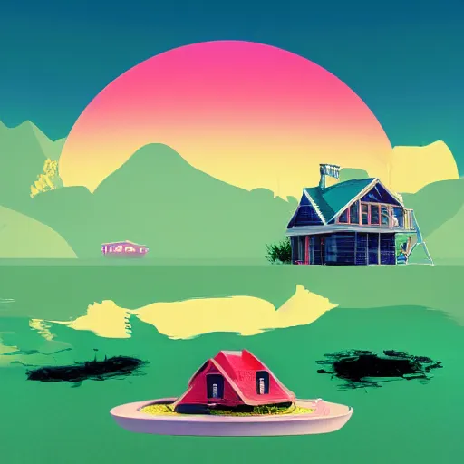 Image similar to a picture of a floating island with a house on it, an album cover by Justin Currie, polycount, plasticien, made of plastic, concert poster, made of trash