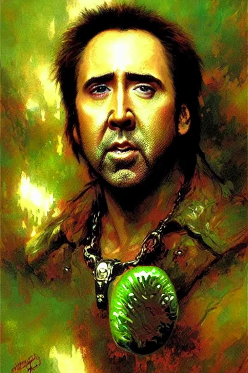 Image similar to nicolas cage ’ s face on a green pickle portrait dnd, painting by gaston bussiere, craig mullins, greg rutkowski, yoji shinkawa