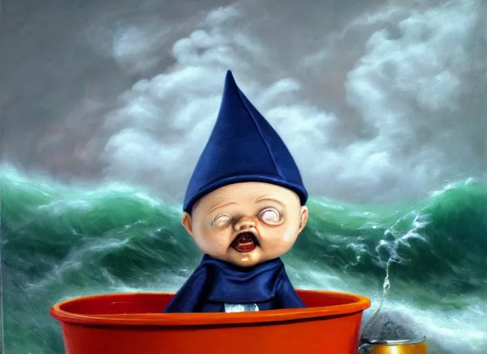 Image similar to a terrified garden gnome sailing in a bucket, background of raging ocean with huge waves on a stormy day with dramatic thunderhead clouds, an ultrafine detailed painting by mark ryden, trending on deviantart, pop surrealism, whimsical, lowbrow, rainy, perfect symmetrical face