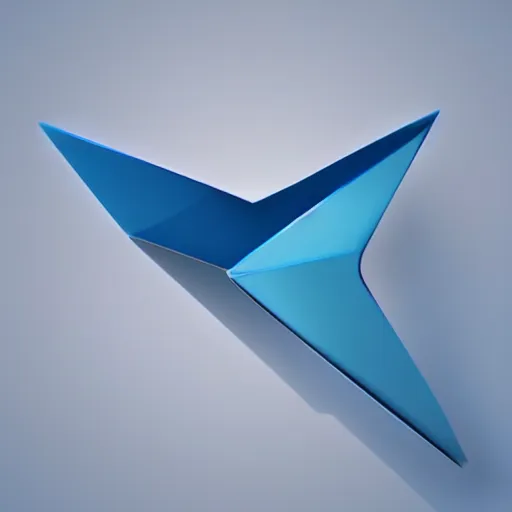 Image similar to icon of paper plane in light blue metallic iridescent material, 3D render isometric perspective on dark background