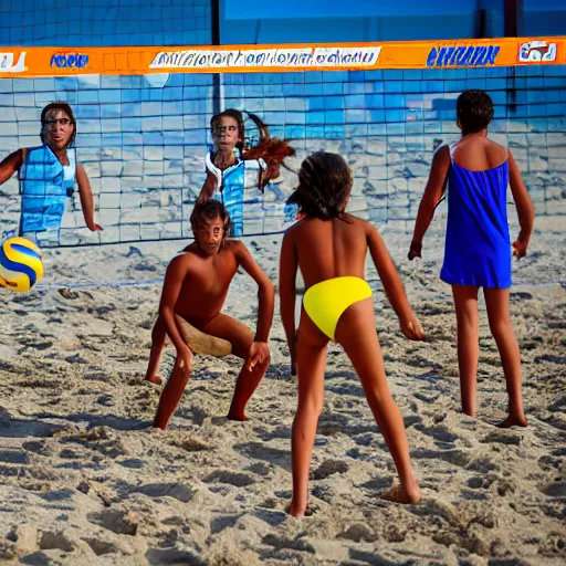 Image similar to a group ok kids playing beach volley with their heads, extremely photorealistic, hyper detailed, canon eos - 1 d x mark iii, 3 0 0 mm