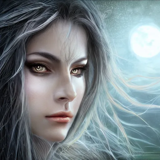 Image similar to masterpiece digital painting realistic portrait of beautiful elf goddess, 3 0 years woman, close face view, soft face, moonlight, elf forest background, at night, by luis royo, warcraft, artstation, deviantart, unreal engine, 8 k, cinematic lights