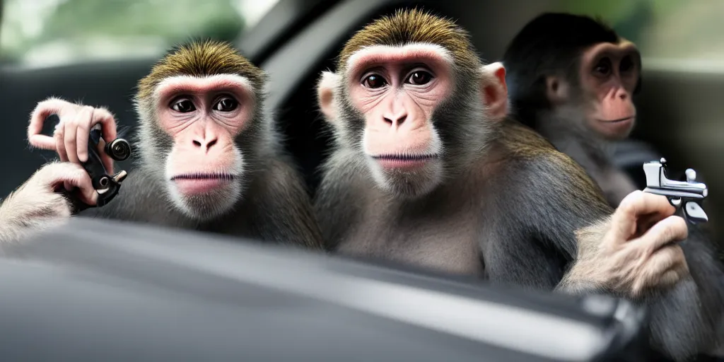 Image similar to a man with a crazy look driving car, a monkey holding a revolver in the back seat, a frightened man next to the driver, hd, ultra realistic, detailed, cinematic