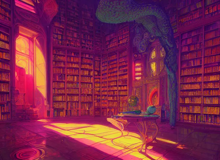 Prompt: A psychedelic portrait of library of potion, vibrant color scheme, highly detailed, in the style of romanticism, cinematic, artstation, Moebius, Greg rutkowski