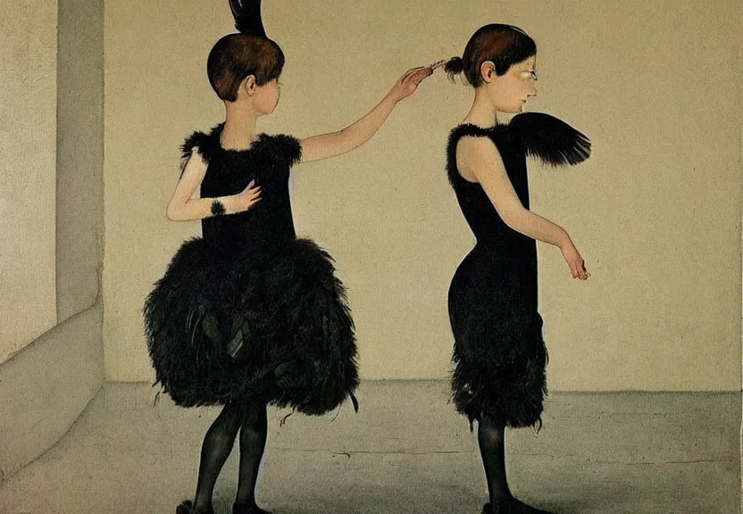 Image similar to beautiful little girl with a short black haircut wearing a dress made of black feathers, artwork in balthus art style, anatomically perfect