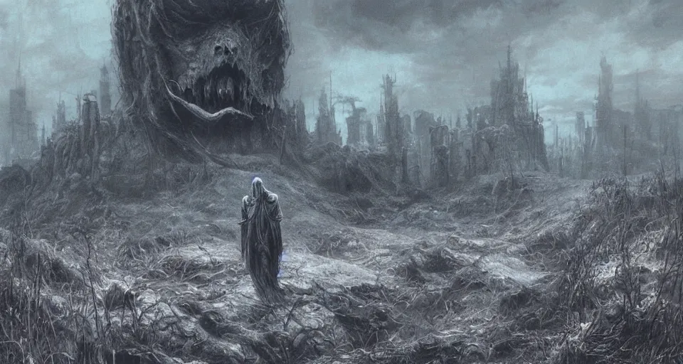 Prompt: lamatsu prowling on the abandoned wasteland, wide shot, epic, dark fantasy, beksinski, wayne barlowe, warhammer fantasy art, lord of the ring art, dark soul concept art