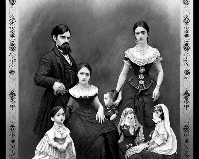 Prompt: black and white old photograph of a family in the 1 8 0 0 s, deep focus, d & d, fantasy, intricate, elegant, highly detailed, digital painting, artstation, concept art, matte, sharp focus, illustration, hearthstone, art by artgerm and greg rutkowski and alphonse mucha