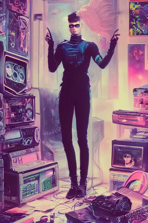 Image similar to portrait of a synthwave goth nerd guy in a cluttered 9 0 s bedroom, by artgerm, tom bagshaw, gerald brom, vaporwave!, vaporwave colors!, lo fi colors, lo fi, 4 k, hd, goth vibe, 9 0 s vibe