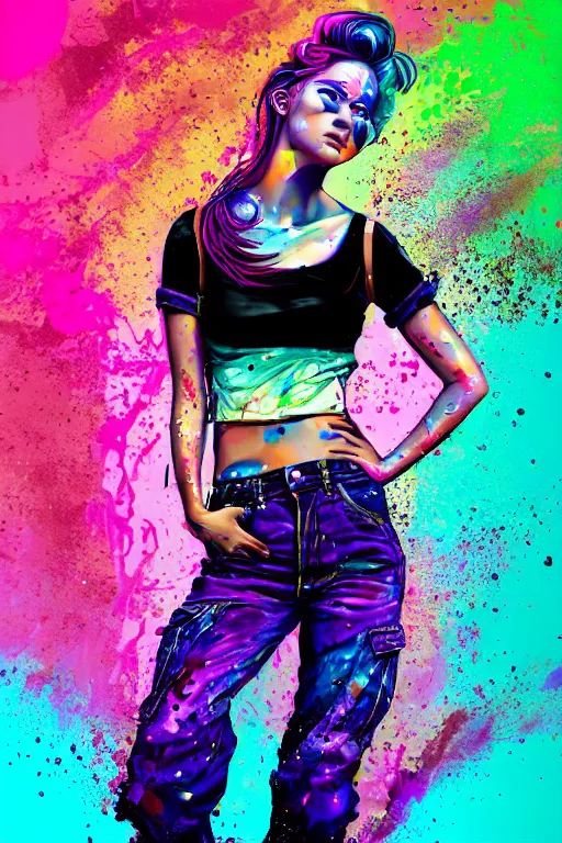 Image similar to a award winning half body portrait of a beautiful woman in a croptop and cargo pants with ombre purple pink teal hairstyle and hands in pockets by ari liloan, surrounded by whirling illuminated lines, paint splashes and splatter, outrun, vaporware, shaded flat illustration, digital art, trending on artstation, highly detailed, fine detail, intricate