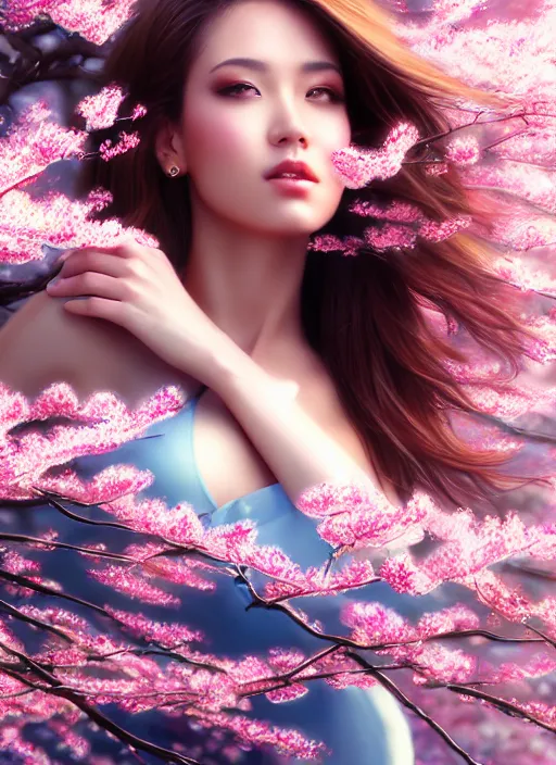 Image similar to photo of a gorgeous female in the style of stefan kostic, realistic, half body shot, sharp focus, 8 k high definition, insanely detailed, intricate, elegant, art by stanley lau and artgerm, extreme blur cherry blossoms background