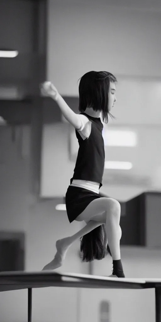 Image similar to tilted frame, dutch angle, skewed shot, film still of stylish girl dancing on school desk, cinematography from music video, intricate, elegant, highly detailed, smooth, sharp focus,