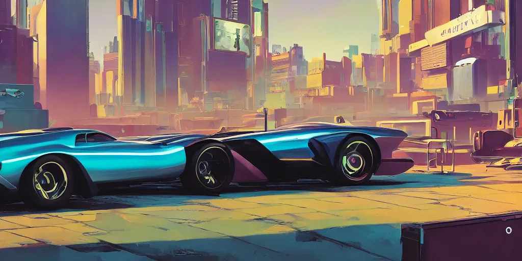 Image similar to art style by Ben Aronson and Edward Hopper and Syd Mead, wide shot view of the Cyberpunk 2077, on ground level. full view of the Tata Tamo Racemo with wide body kit modification and dark pearlescent holographic paint, has gullwing doors open.