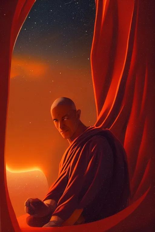 Image similar to portrait of a monk in a spaceship, window, nebula, orange robe, dramatic lighting, artstation, matte painting, ralph mcquarrie