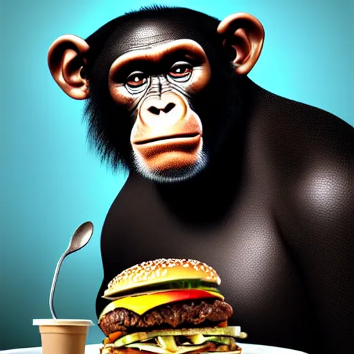 Image similar to surreal portrait of chimpanzee eating a mcdonald's big mac hamburger, extra onions and ketchup, hyperdetails, displacement mapped octane render, luscious patty with sesame seeds, ethereal, handsome, D&D, fantasy, intricate, elegant, highly detailed, digital painting, artstation, concept art, matte, sharp focus, illustration, art by Artgerm and Greg Rutkowski and Alphonse Mucha