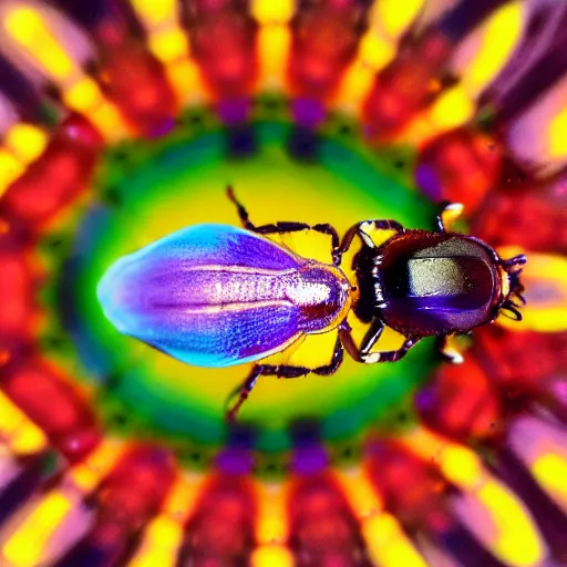 Image similar to beetle seen through a kaleidoscope, 8 mm macro photography, colorful, very very very detailed, water drops, national geographic
