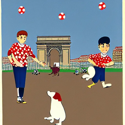 Image similar to book illustration of a french boy on the streets of paris playing football against a corgi, the dog is wearing a polka dot scarf, 1 9 6 6