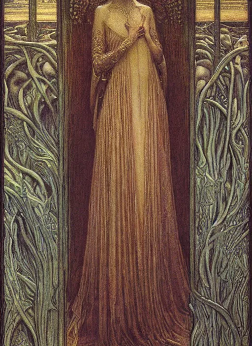 Image similar to detailed realistic beautiful young medieval queen portrait by jean delville, art nouveau, symbolist, visionary, gothic