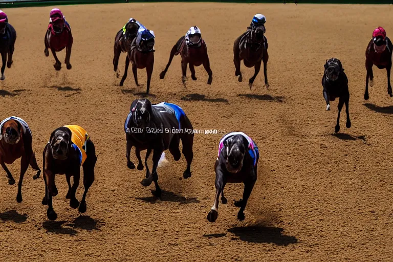 Prompt: an award winning shot of a horse track with racing pit bulls that are winning the race at the finish line