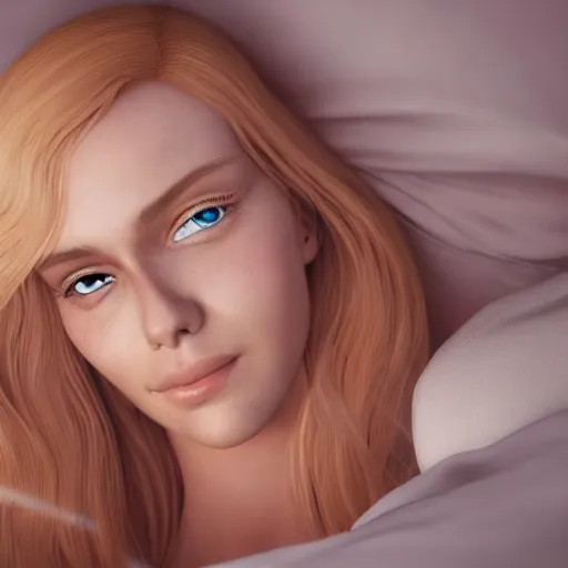 Prompt: close up of beautiful scandinavian female happy hugging xbox one s in bed, stunning eyes, long blonde hair, disney pixar weta, hi - fructose, decadent highly - detailed digital painting, golden ratio, octane render, artstation, cinematic composition, smooth, sharp focus