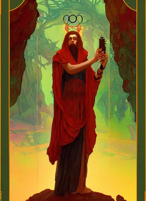 Prompt: a post - minimalism tarot card the hierophant vibrant color scheme, highly detailed, in the style of romanticism, cinematic, artstation, moebius, alfons mucha, greg rutkowski