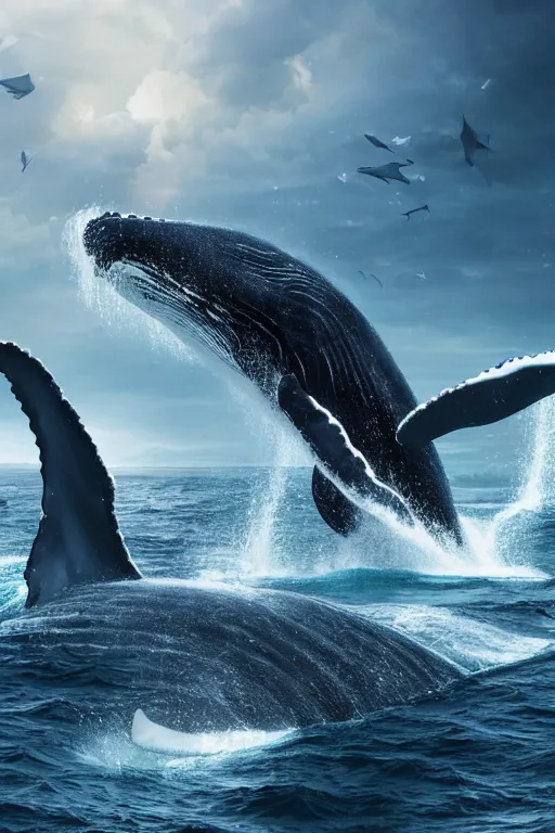 Prompt: whales are speaking on the phones, hypermaximalistic, high details, cinematic, 8k resolution, beautiful detailed, insanely intricate details, artstation trending, octane render, unreal engine