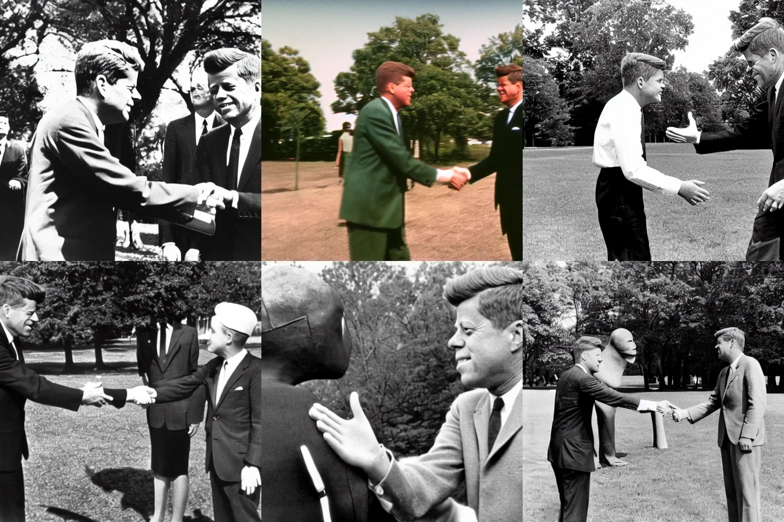 Prompt: JFK in a park, shaking hands with a grey alien, 8k, historical footage