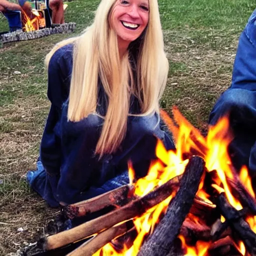 Prompt: photo of hillbilly smiling with long blonde hair around a bonfire, symmetric face