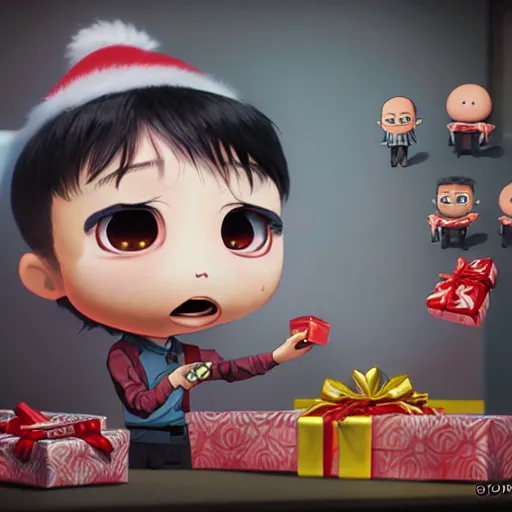 Image similar to an epic chibi comic book style portrait painting of a ryan kanji opening presents, character design by mark ryden and pixar and hayao miyazaki, unreal 5, daz, hyperrealistic, octane render, cosplay, dynamic lighting, intricate detail, cinematic