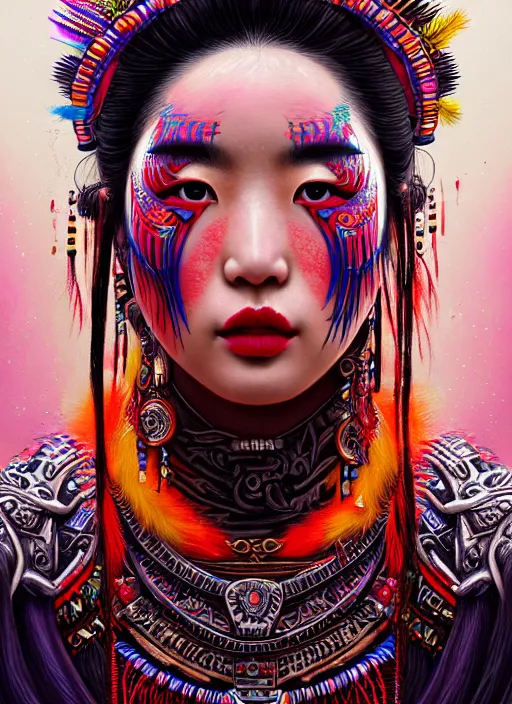 Image similar to portrait of liu yifei, hyper detailed ultra sharp aztec shaman warrior. trending on artstation, warpaint aesthetic, bloodwave, colorful, psychedelic, ornate, intricate, digital painting, concept art, smooth, sharp focus, illustration, art by artgerm and greg rutkowski and h. r. giger, 8 k