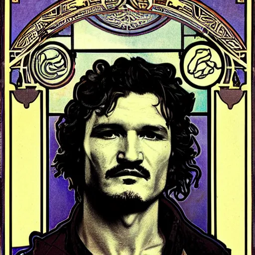 Prompt: pedro pascal portrait by louis - theophile hingre and alphonse mucha, realistic, sharp focus, zodiac signs, tarot cards, planets, ethereal, art nouveau, magic, moon, sun, crown, dreamy, royal, jewellery