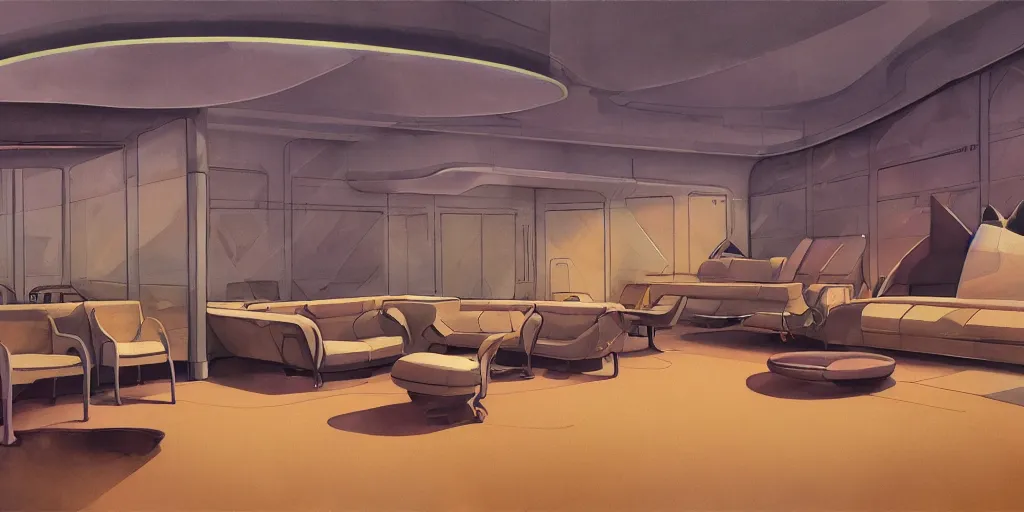 Image similar to a beautiful illustration of futuristic interior hall, lots of furniture, sofa, waiting room, big medium small, sacred geometry, golden ratio, in watercolor gouache detailed paintings, in style of syd mead, trending on artstation,8k, panel, hard surface, vent, zaha hadid, props, plant, cozy,decoration around the room, simon stalenhag, deus ex