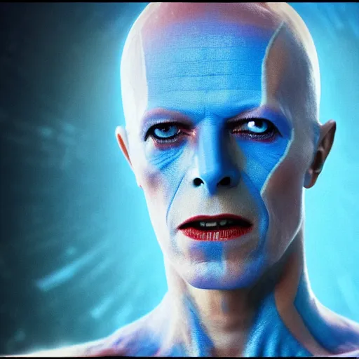 Image similar to film still of David Bowie as Dr. Manhattan in Watchmen, 4k