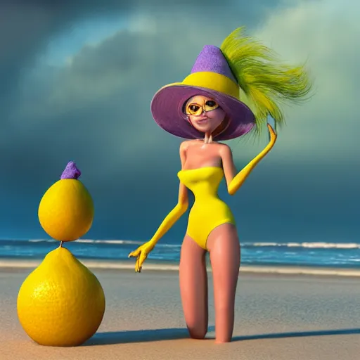 Image similar to 3 d octane render, of a hot anthropomorphic lemon female character inspired by the movie monsters inc, with lemon skin texture, she is wearing a hat, building a sandcastle on the beach at sunset, beach, huge waves, sun, clouds, long violet and green trees, rim light, cinematic photography, professional, sand, sandcastle, volumetric lightening