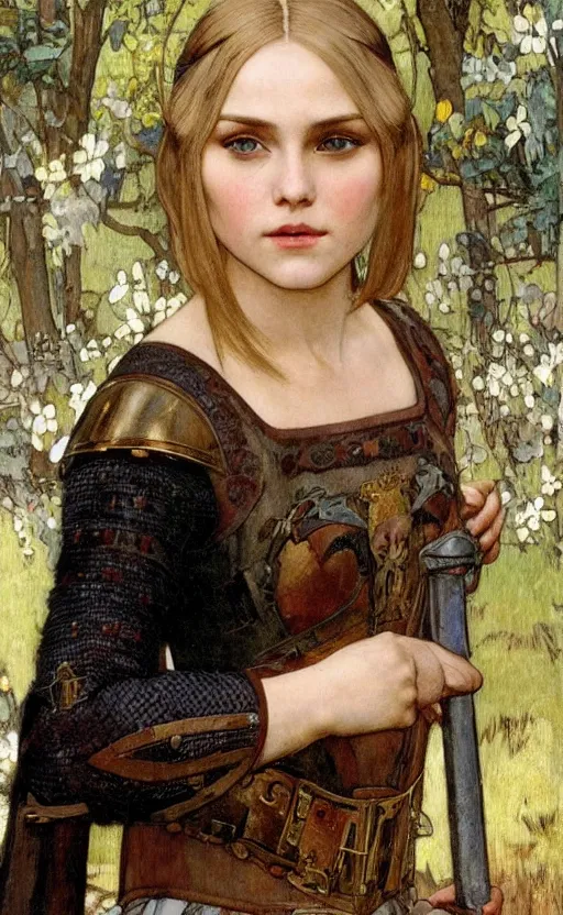 Image similar to young girl annasophia robb blond bowl haircut wearing medieval armour, waterhouse and mucha