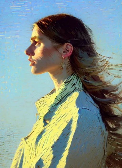 Image similar to portrait of a beautiful girl, sea dunes backdrop, sad, pastel shades of light blue and light yellow, beautiful face, rule of thirds, intricate outfit, spotlight, by greg rutkowski, by jeremy mann, by francoise nielly, by van gogh, digital painting