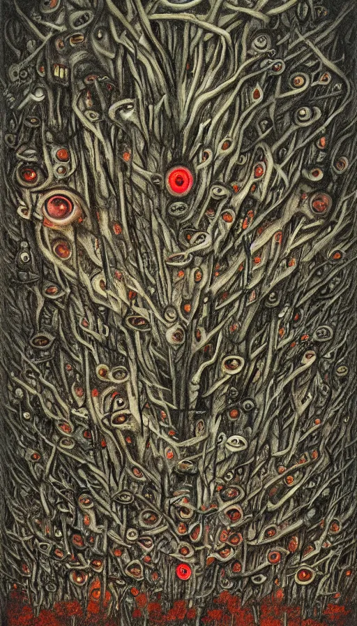 Image similar to a storm vortex made of many demonic eyes and teeth over a forest, by dan witz