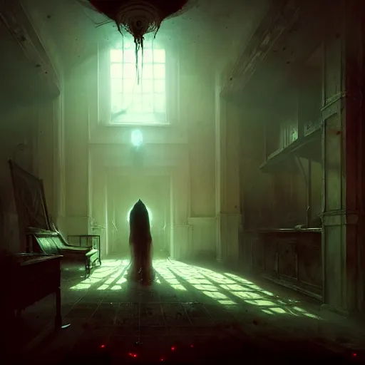 Image similar to psychiatric asylum, blood stains on the wall, horror scene, eerie atmosphere, by greg rutkowski and gaston bussiere, fluorescent lighting, beautiful volumetric - lighting - style atmosphere, futuristic atmosphere, intricate, detailed, photorealistic imagery, artstation