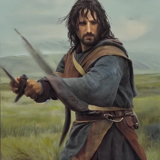 Prompt: oil painting of aragorn fighting against modern soldiers