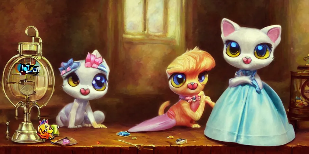 Prompt: 3 d littlest pet shop cat, vintage gothic gown, gumball machine, smiling, master painter and art style of noel coypel, art of emile eisman - semenowsky, art of edouard bisson