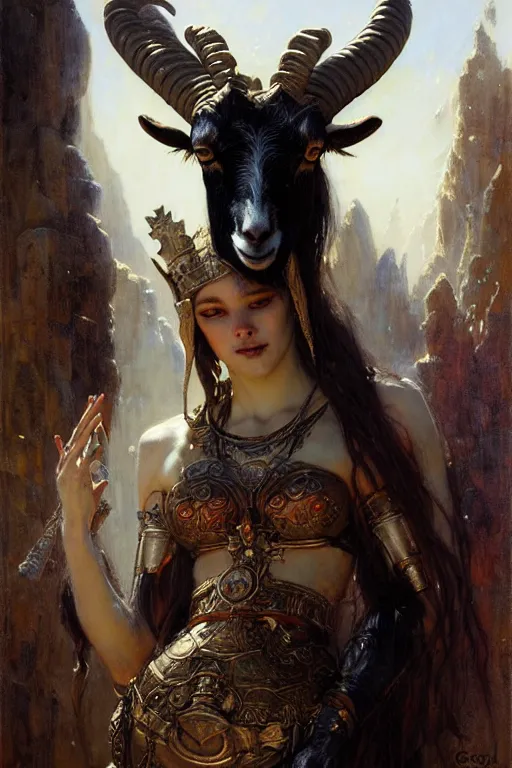 Image similar to goat queen by gaston bussiere, bayard wu, greg rutkowski, giger, maxim verehin