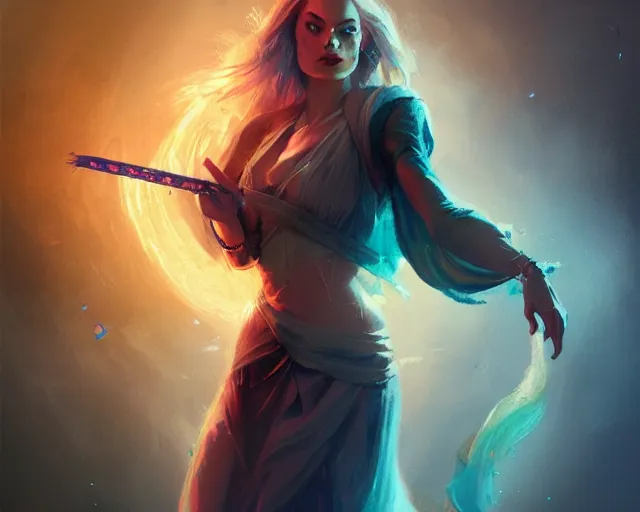 Prompt: margot robbie as a beautiful magician casting colorful spells, fantasy art, in the style of greg rutkowski, illustration, epic art, fantasy, intricate, elgant, amazing detail, digital painting, artstation, concept art, smooth, sharp focus