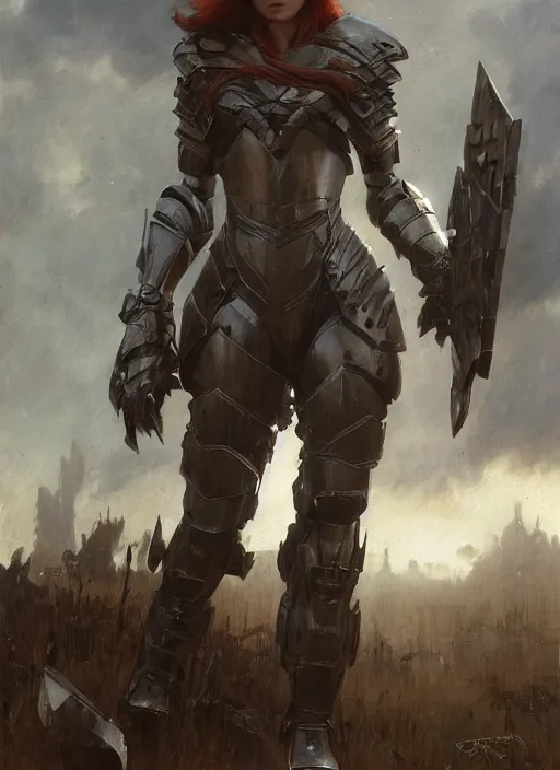 Image similar to short muscular redhead young woman wearing black lowpoly armour, bare legs, detailed, by gaston bussiere, bayard wu, greg rutkowski, giger, maxim verehin, greg rutkowski, masterpiece, sharp focus, cinematic lightning