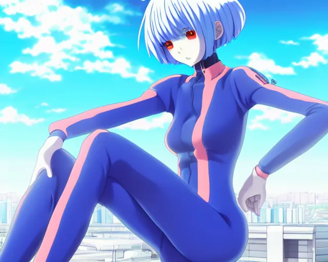 Image similar to anime art, fullbody shot of female rei ayanami, evangelion, long blue hair and large eyes, finely detailed perfect face, in a pale skintight plugsuit, sitting on rooftop, flooded city, trending on pixiv fanbox, by ilya kuvshinov, sola digital arts,, raytracing